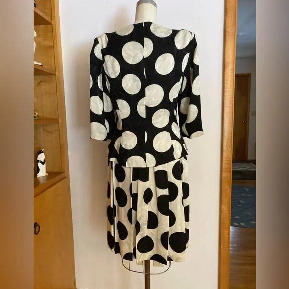 Flora Kung Large Polka Dot Black and White 2pc Peplum Floral Midi Ensemble Retro - Picture 16 of 16